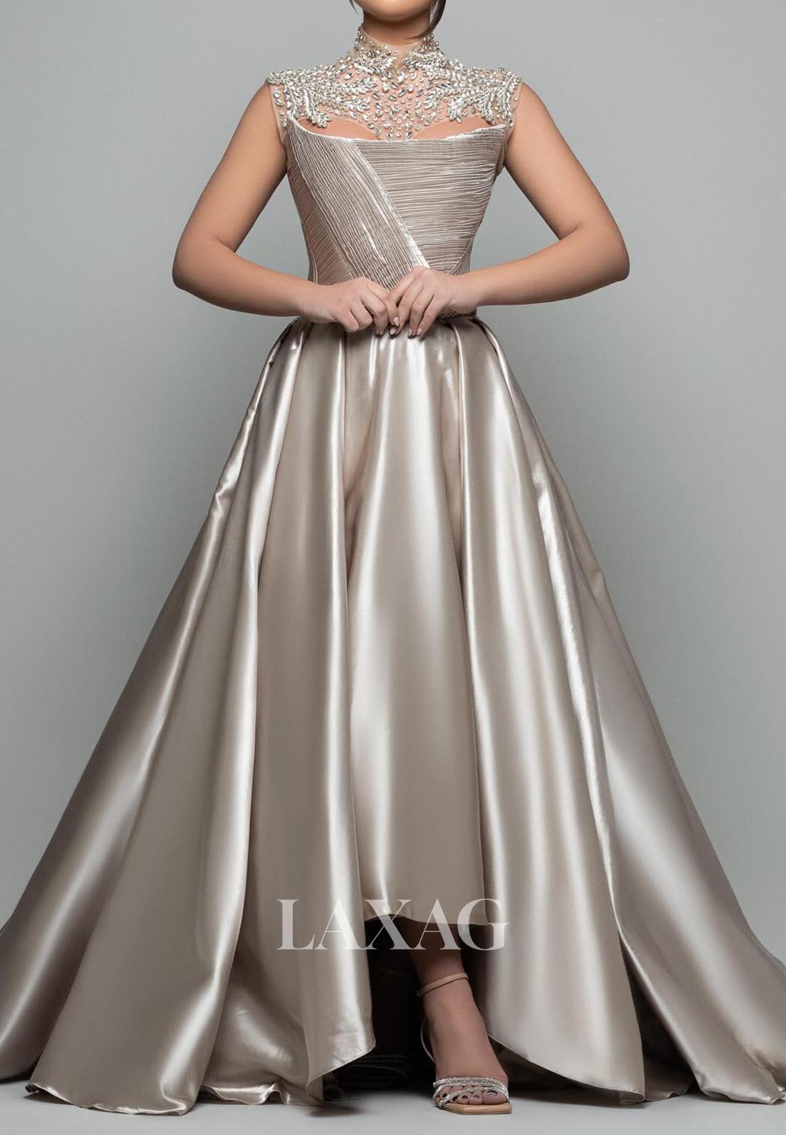 High-Neck Sleeveless Sheer A-Line Evening Dress Beaded Pleated Satin Formal Gowns