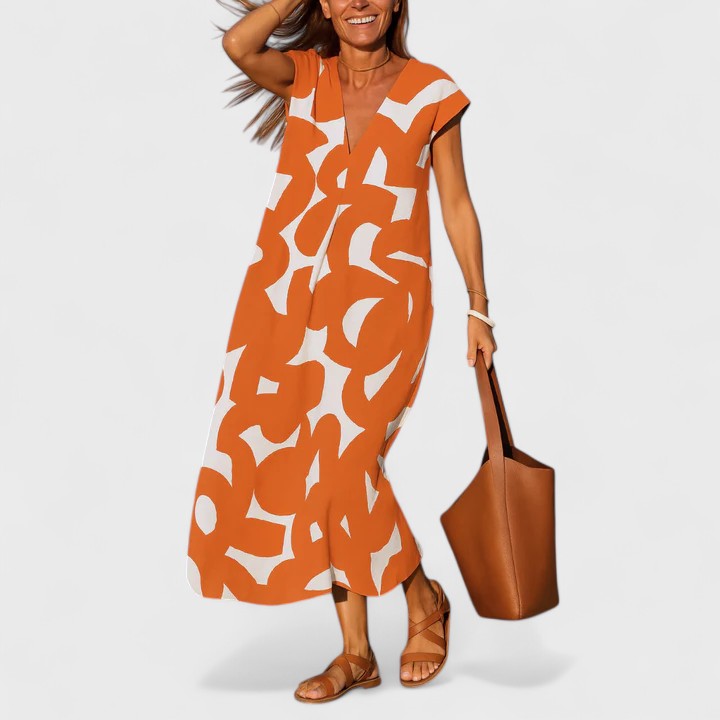 Geometric Print V-Neck Cap Sleeve A-Line Maxi Dress