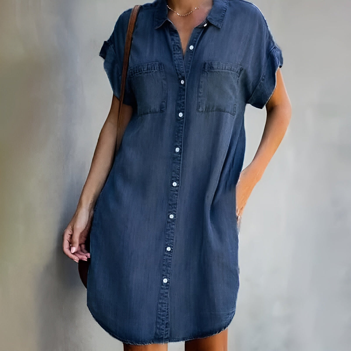 Denim Button Front Short Sleeve Pocket Shirt Dress