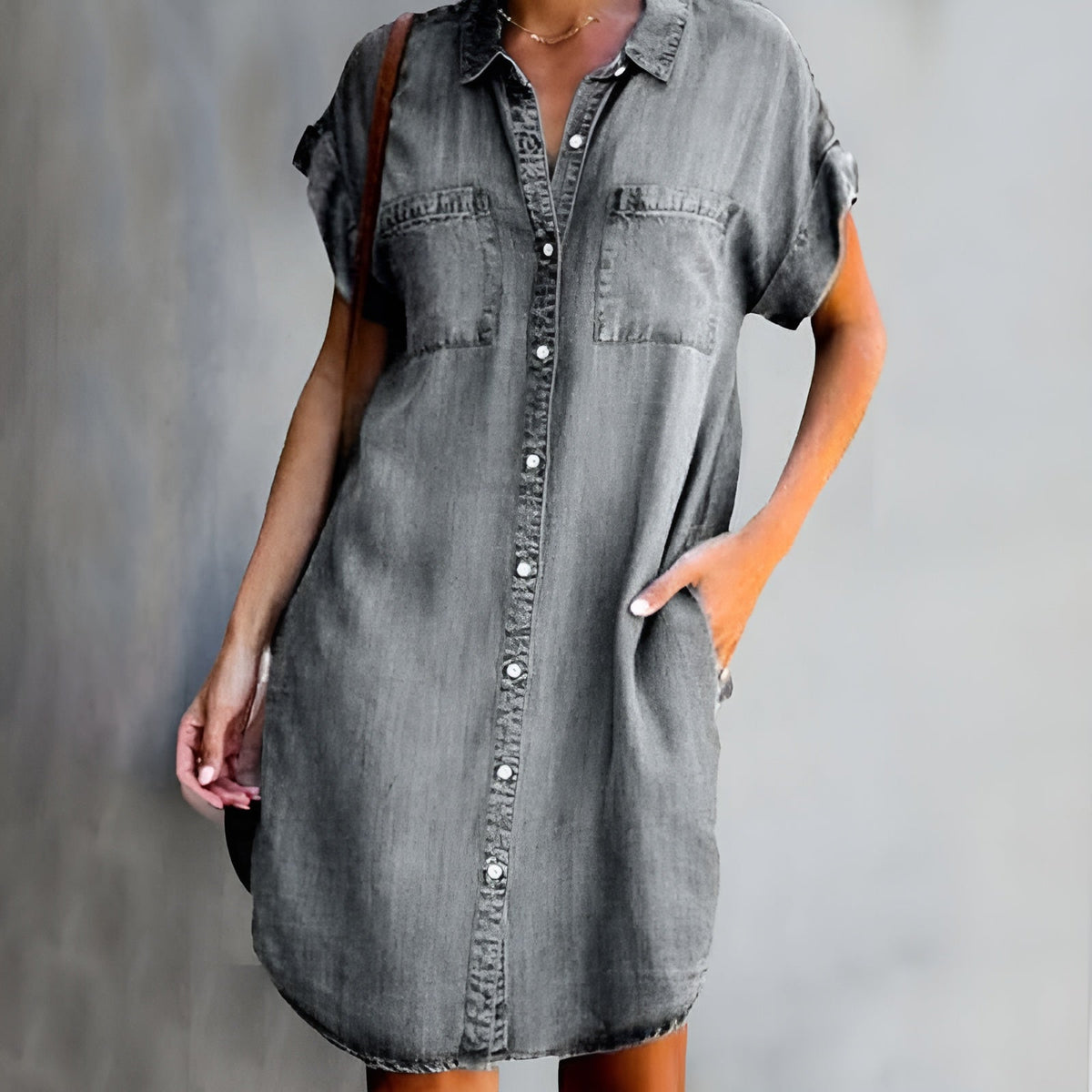 Denim Button Front Short Sleeve Pocket Shirt Dress