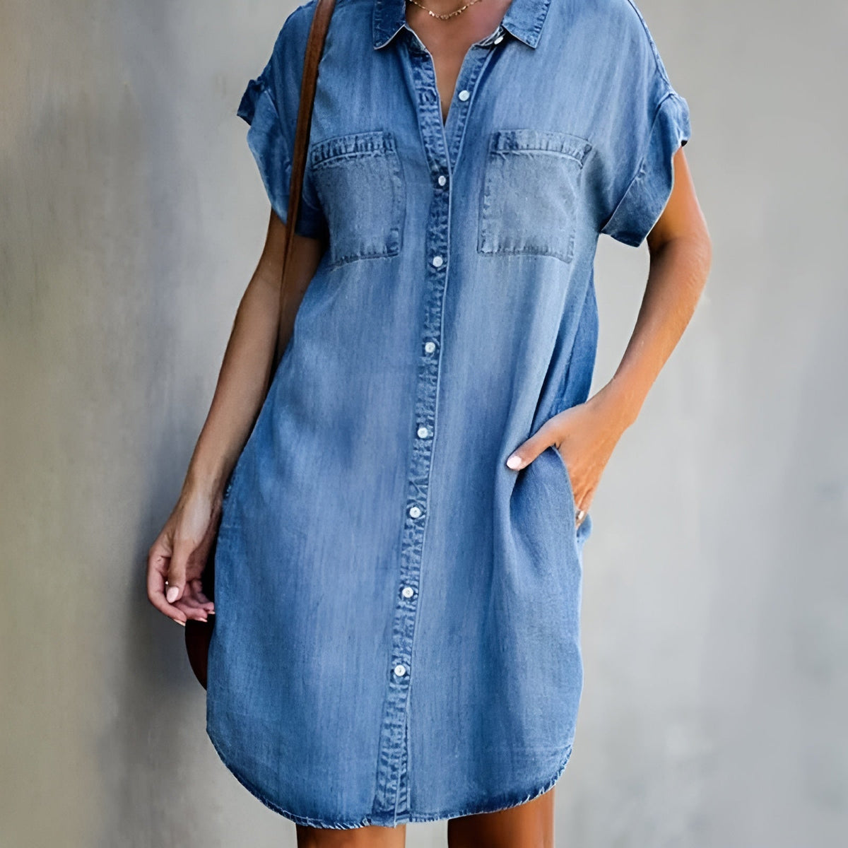 Denim Button Front Short Sleeve Pocket Shirt Dress
