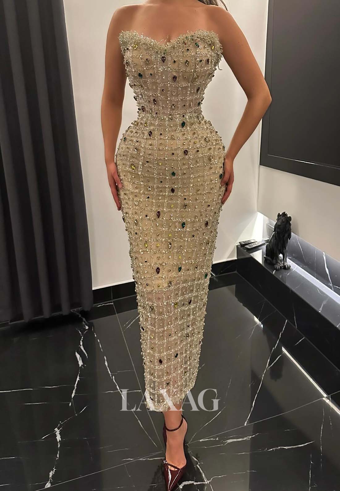 Sweetheart Sleeveless Tea-Length Mermaid Prom Dress Off-Shoulder Rhinestone Beaded Formal Gowns