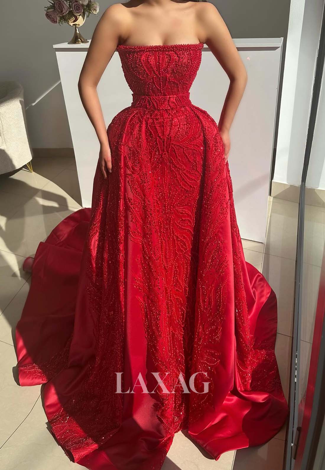 Tube Top Sleeveless Fully Beaded A-Line Prom Dress Off-Shoulder Pleated Sweep Train Formal Gowns