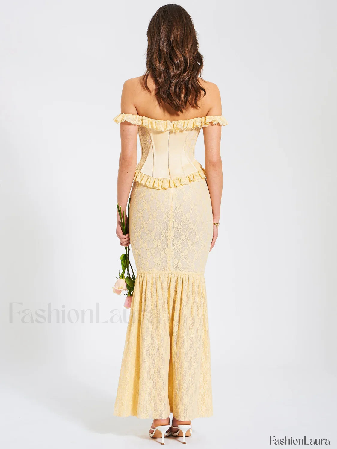 Ersilia Pale Yellow Satin Lace Trendy Peplum Corset Off Shoulder Maxi Dress