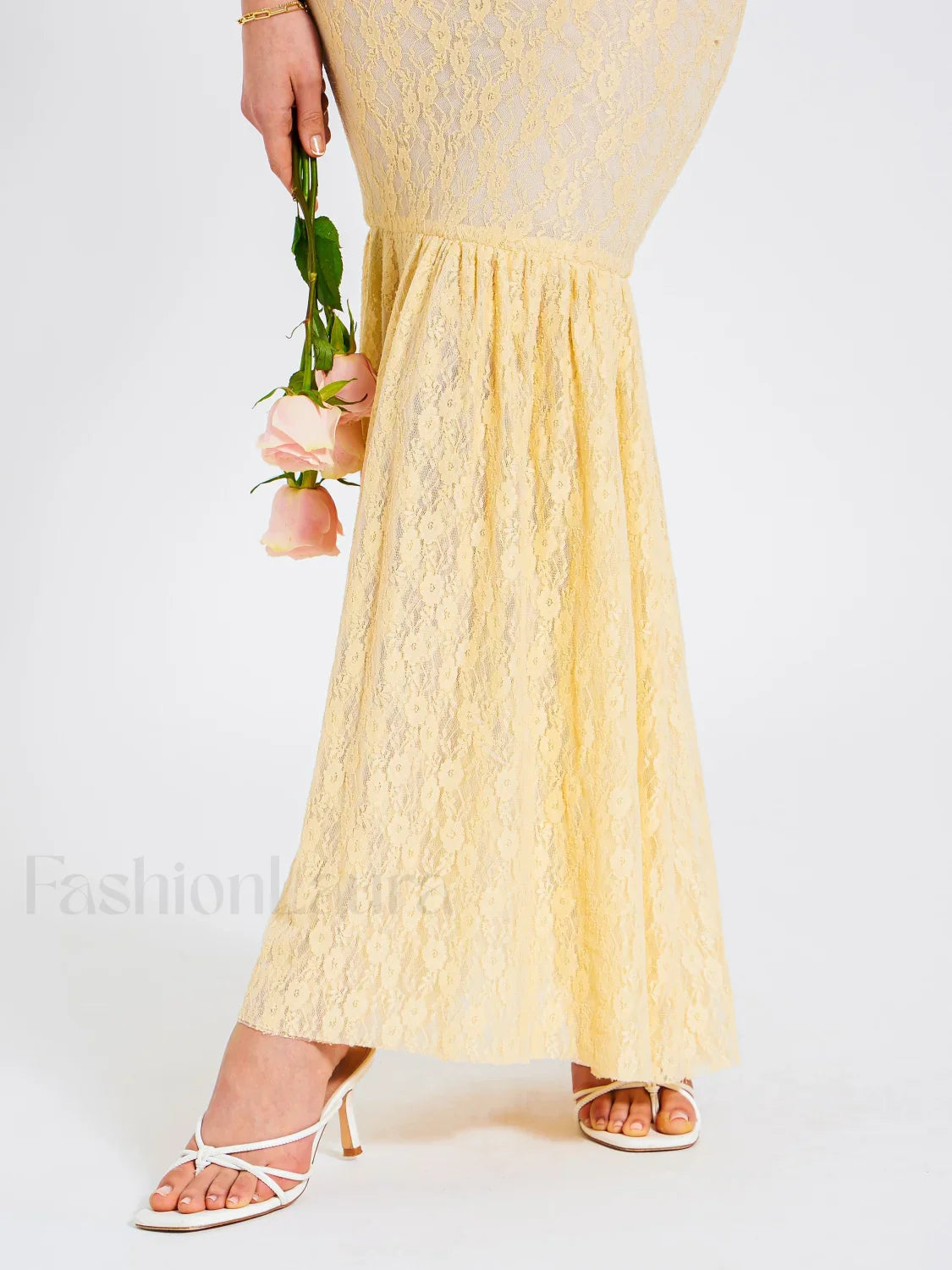 Ersilia Pale Yellow Satin Lace Trendy Peplum Corset Off Shoulder Maxi Dress