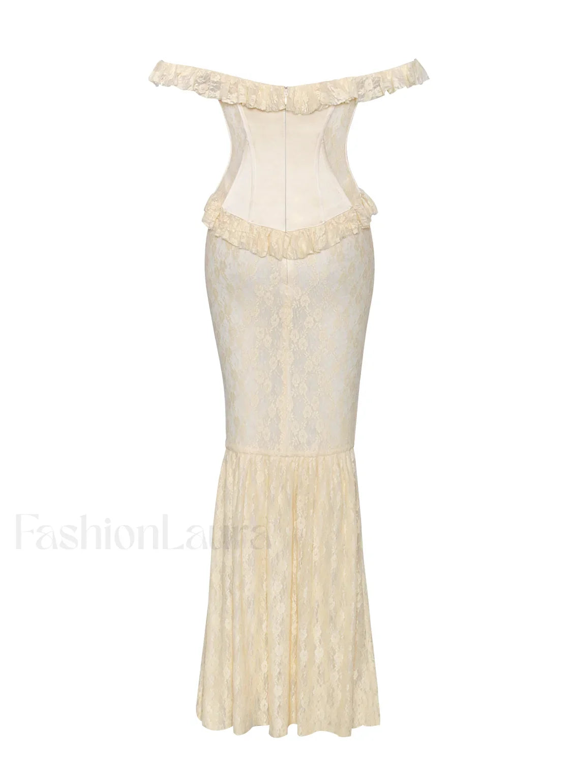 Ersilia Pale Yellow Satin Lace Trendy Peplum Corset Off Shoulder Maxi Dress