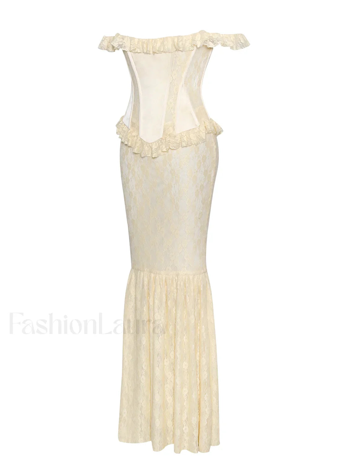 Ersilia Pale Yellow Satin Lace Trendy Peplum Corset Off Shoulder Maxi Dress
