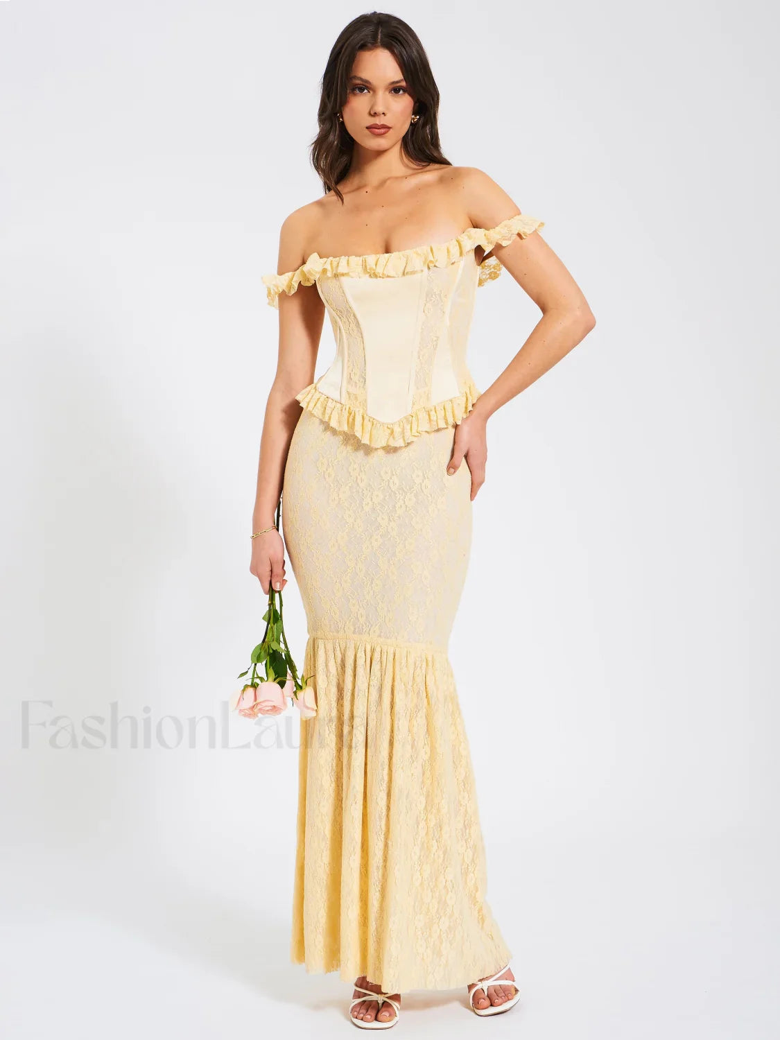 Ersilia Pale Yellow Satin Lace Trendy Peplum Corset Off Shoulder Maxi Dress L / US 10 12 Dresses