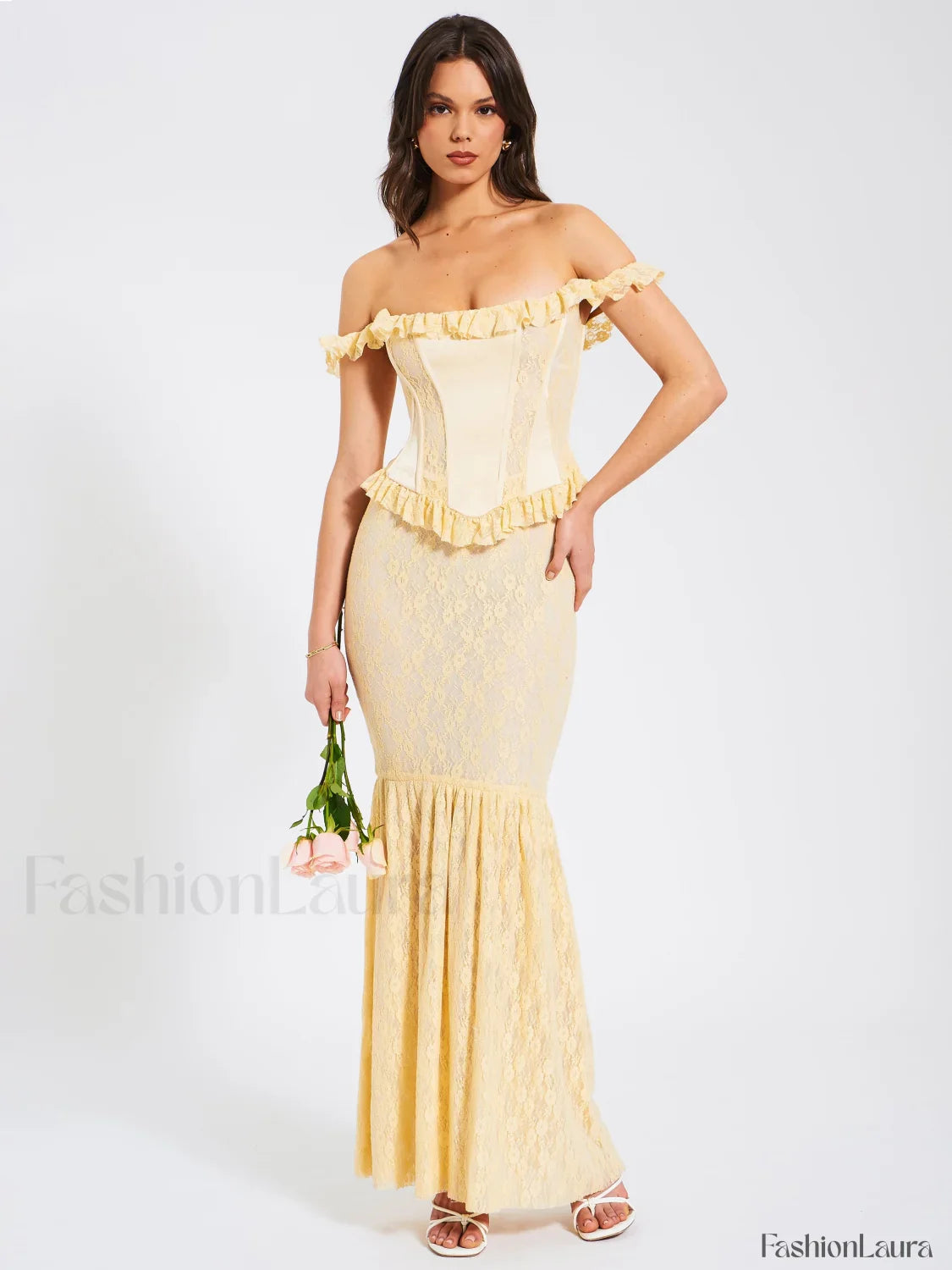Ersilia Pale Yellow Satin Lace Trendy Peplum Corset Off Shoulder Maxi Dress