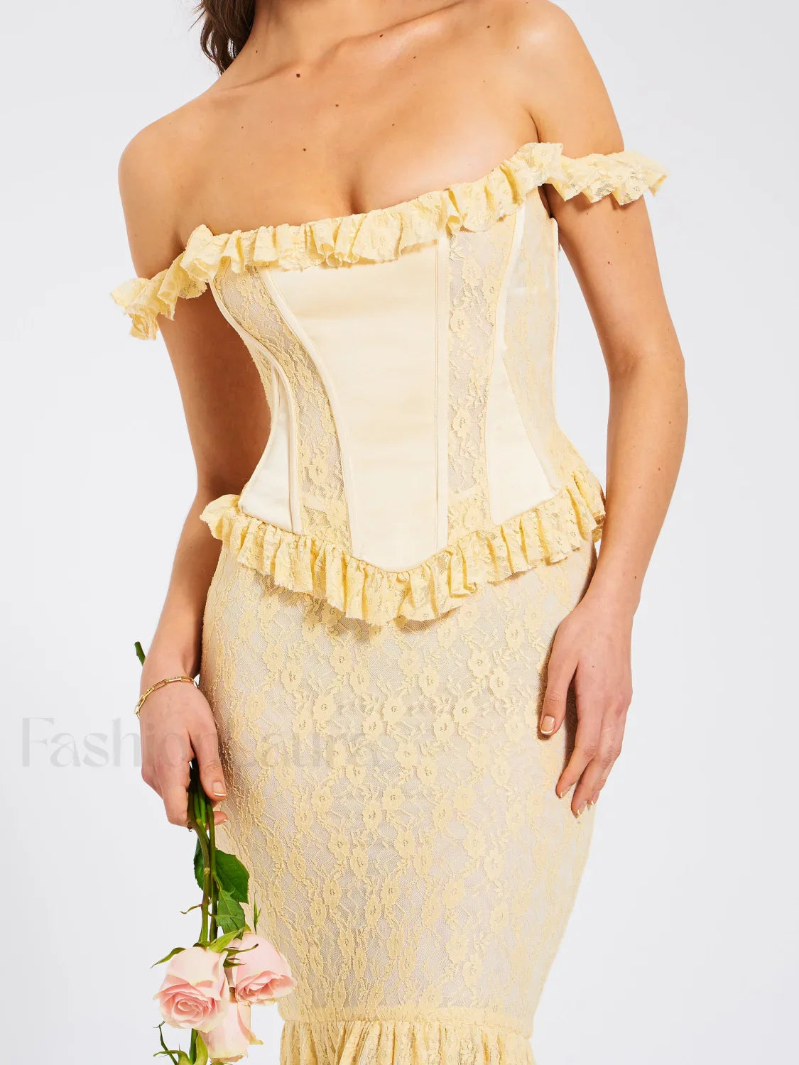 Ersilia Pale Yellow Satin Lace Trendy Peplum Corset Off Shoulder Maxi Dress M / US 6 8 Dresses