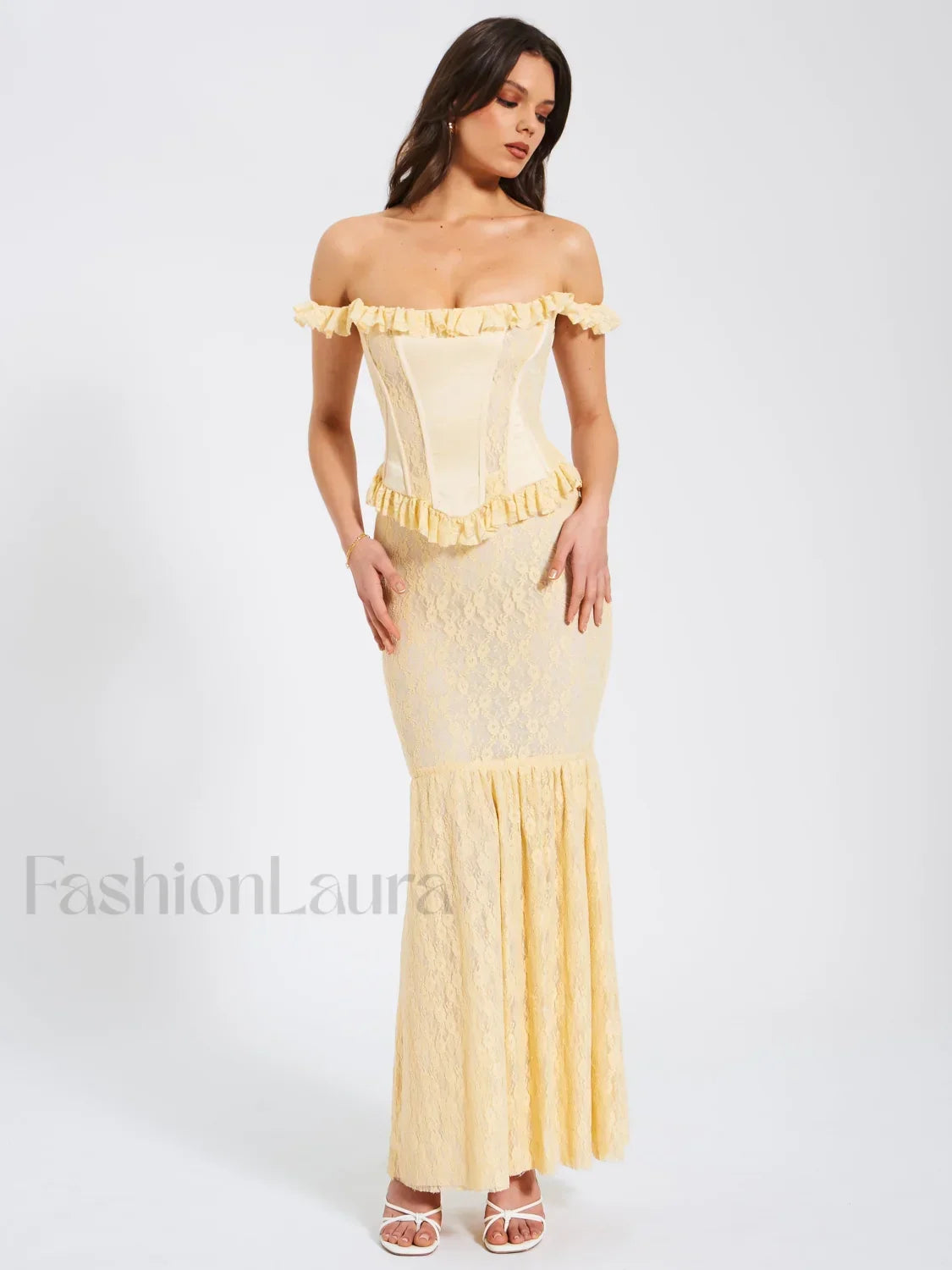Ersilia Pale Yellow Satin Lace Trendy Peplum Corset Off Shoulder Maxi Dress S / US 4 6 Dresses