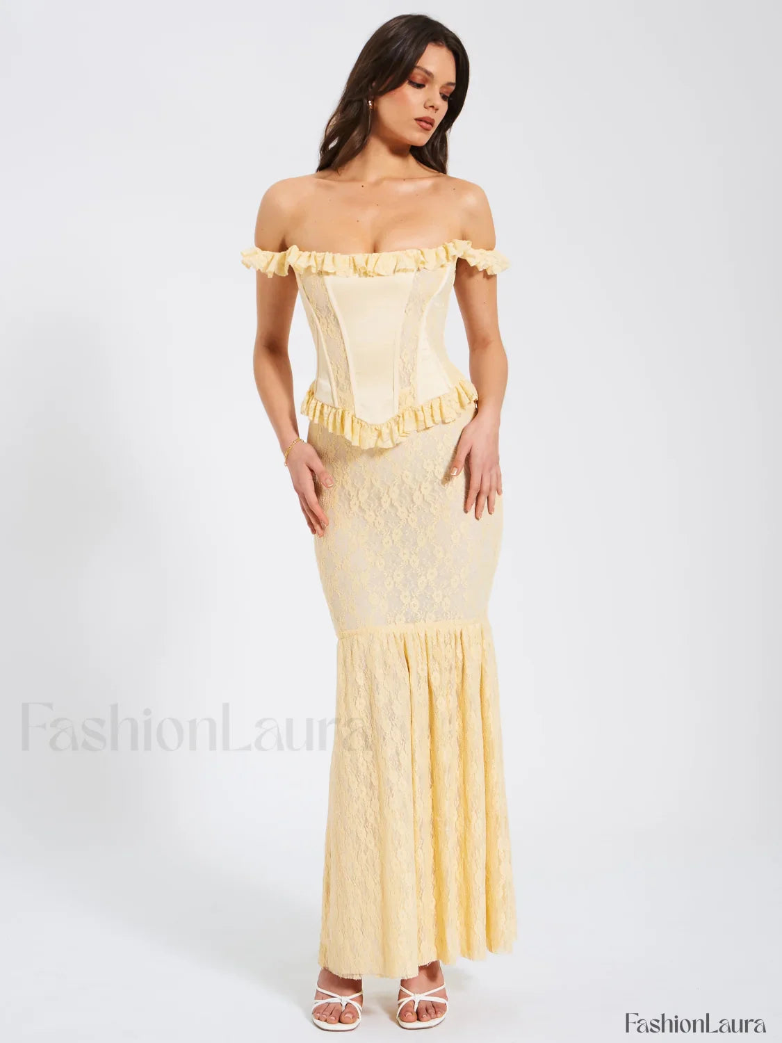 Ersilia Pale Yellow Satin Lace Trendy Peplum Corset Off Shoulder Maxi Dress