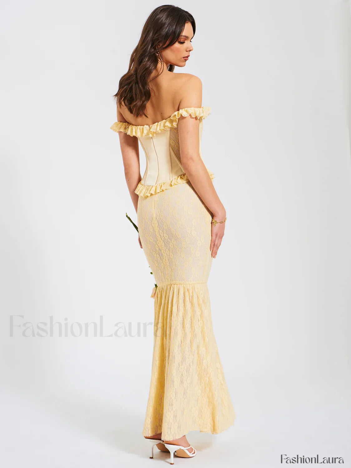 Ersilia Pale Yellow Satin Lace Trendy Peplum Corset Off Shoulder Maxi Dress