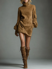 Faux Suede High Neck Long Sleeve Mini Dress