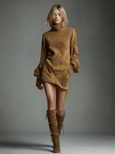Faux Suede High Neck Long Sleeve Mini Dress 4