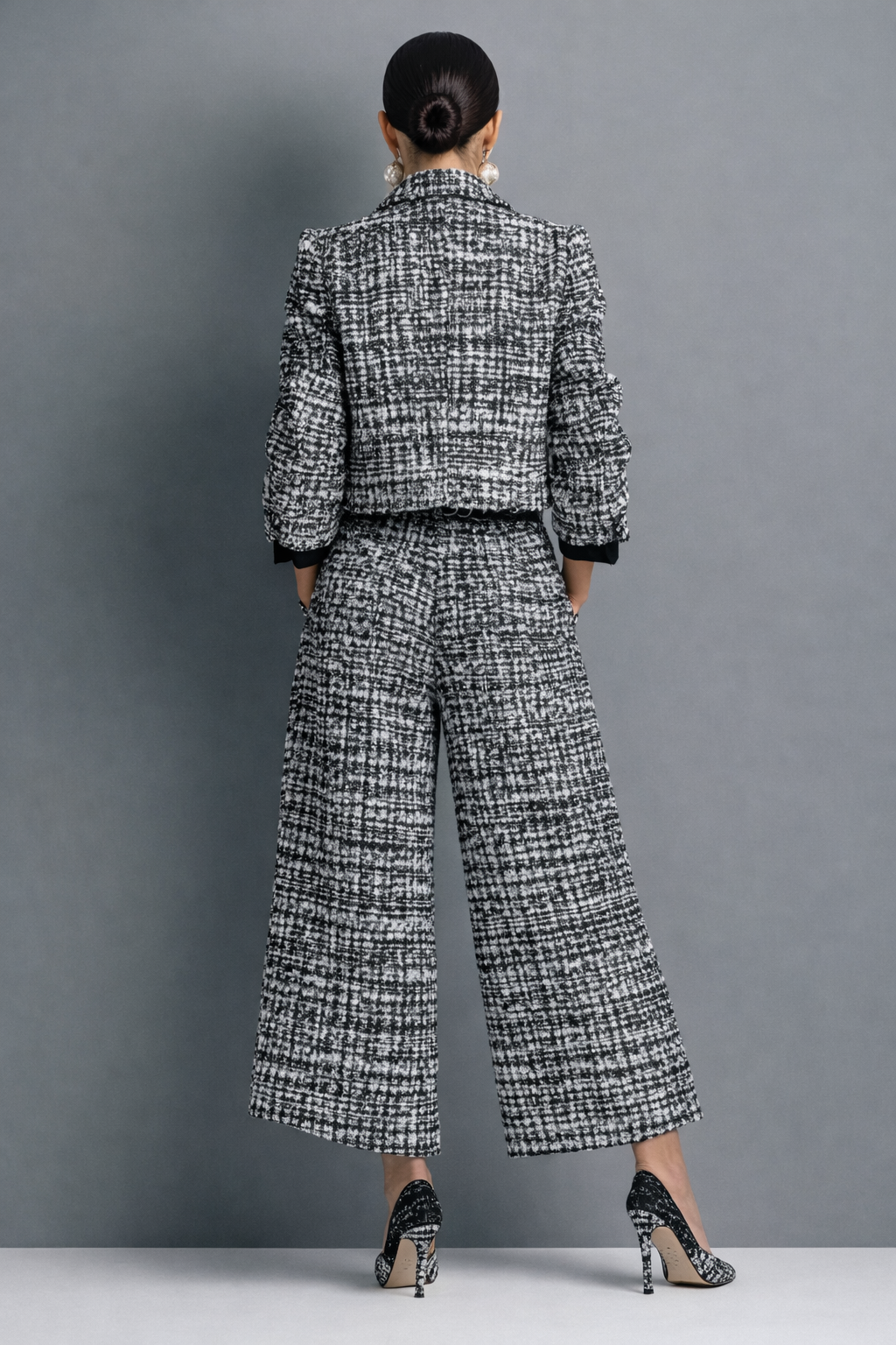 Tweed Collarless Jacket and Wide Leg Pants Two Piece Set