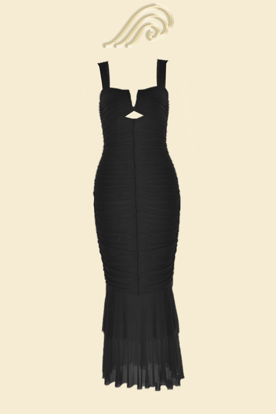 Aesthetic Dulce Flared Ruched Mesh Midi Dress Designer Edit