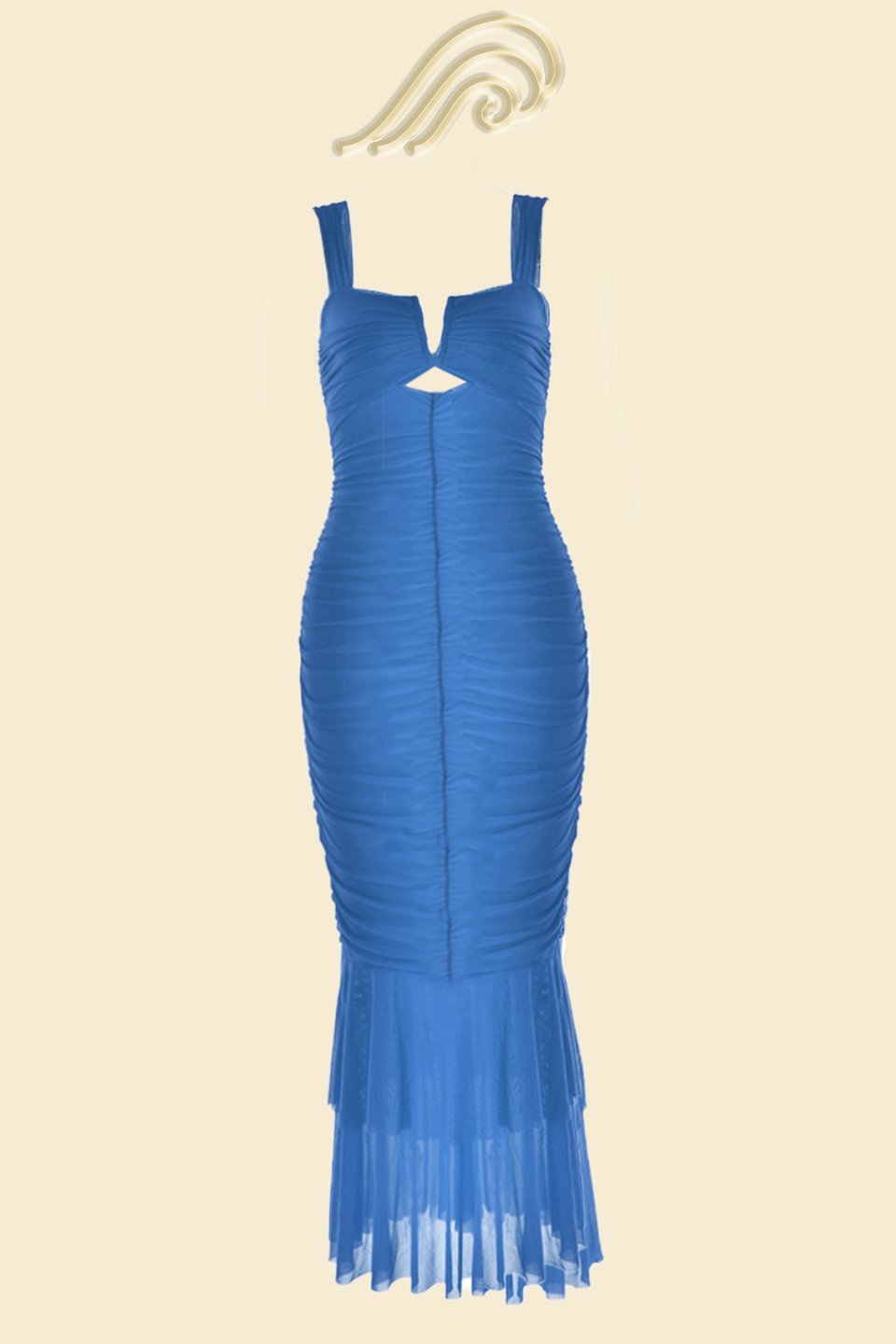 Aesthetic Dulce Flared Ruched Mesh Midi Dress Designer Edit