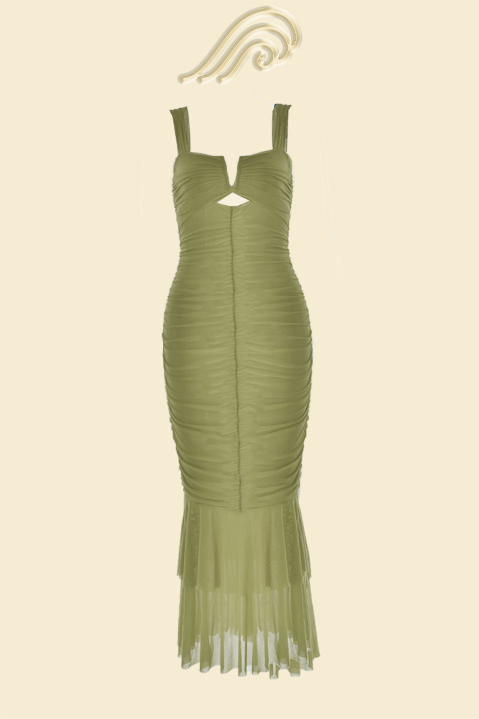 Aesthetic Dulce Flared Ruched Mesh Midi Dress Designer Edit