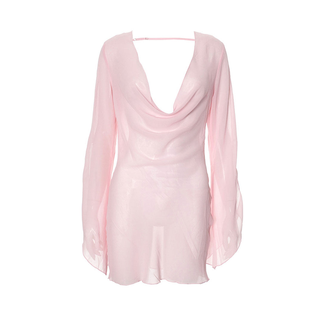 Ethereal Cowl Neck Flared Sleeve Backless Sheer Chiffon Mini Dress