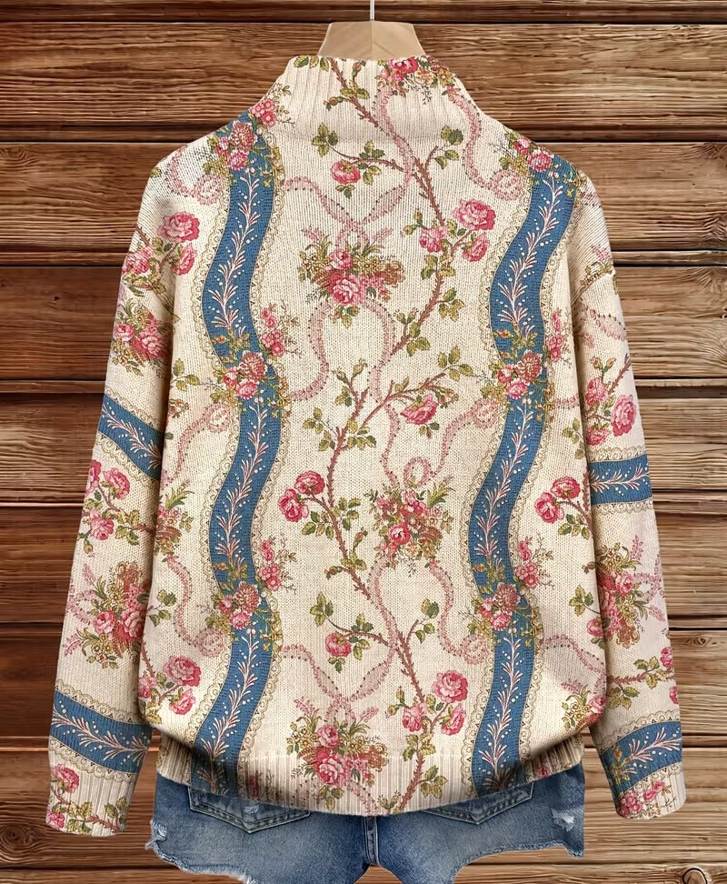 Floral Zip Front Stand Collar Knit Cardigan
