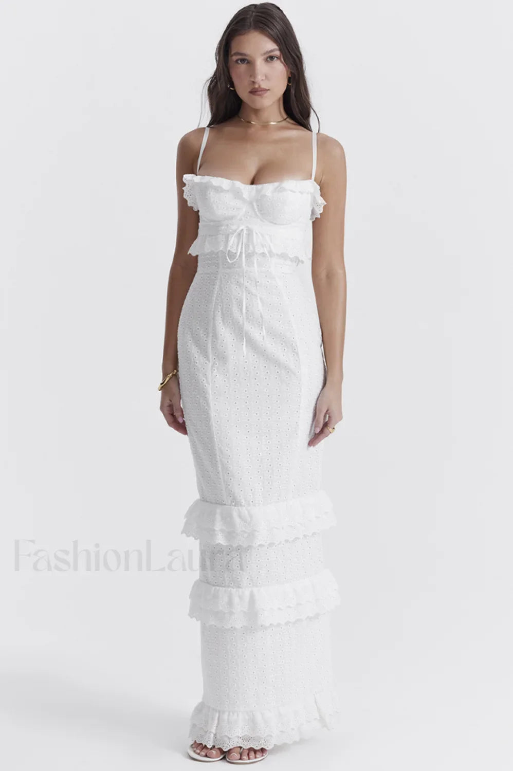 Eve White Stylish Broderie Maxi Dress