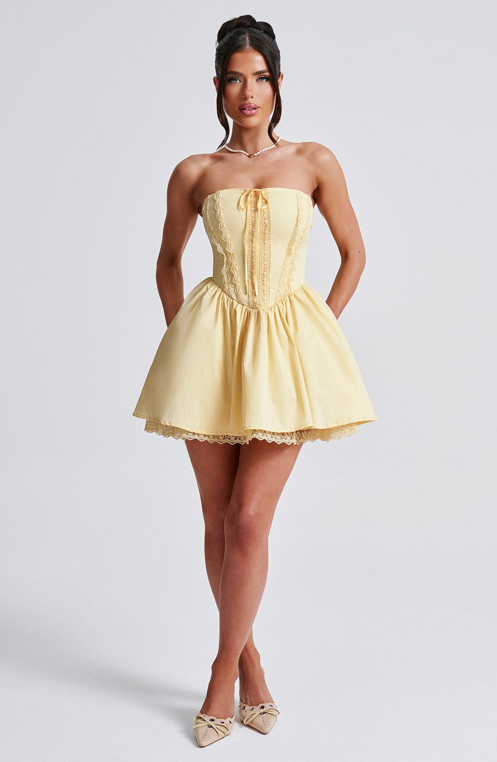 Strapless Lace Trim Corset Bow Front Drop Waist Mini Dress 4