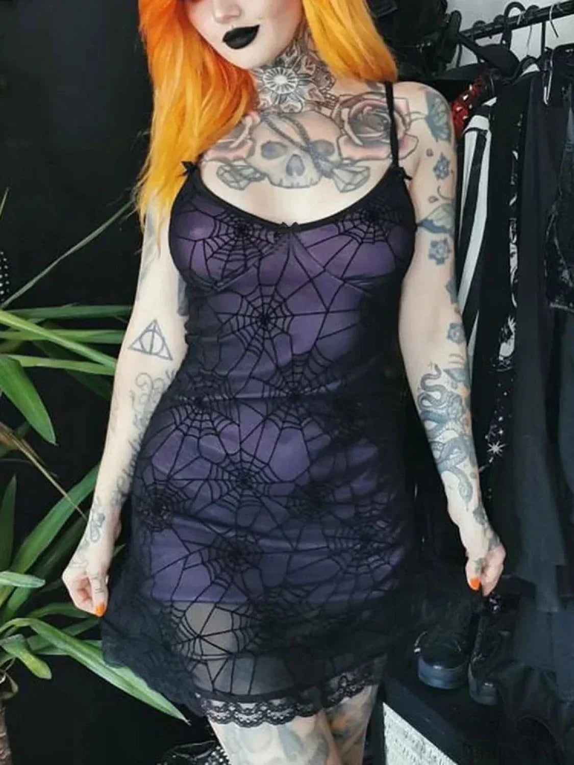 Spider Web Mesh Lace Trim Spaghetti Strap Mini Dress