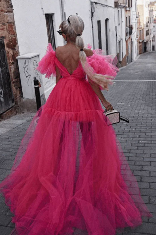 Exaggerated Ruffle Deep V Cutout High Low Tiered Tulle Dress - Hot Pink 2