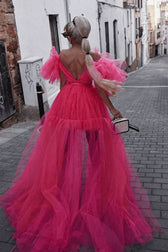 Exaggerated Ruffle Deep V Cutout High Low Tiered Tulle Dress - Hot Pink 2