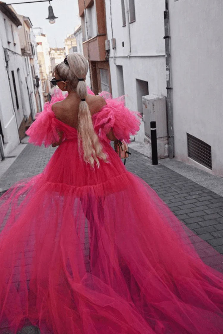 Exaggerated Ruffle Deep V Cutout High Low Tiered Tulle Dress - Hot Pink 3