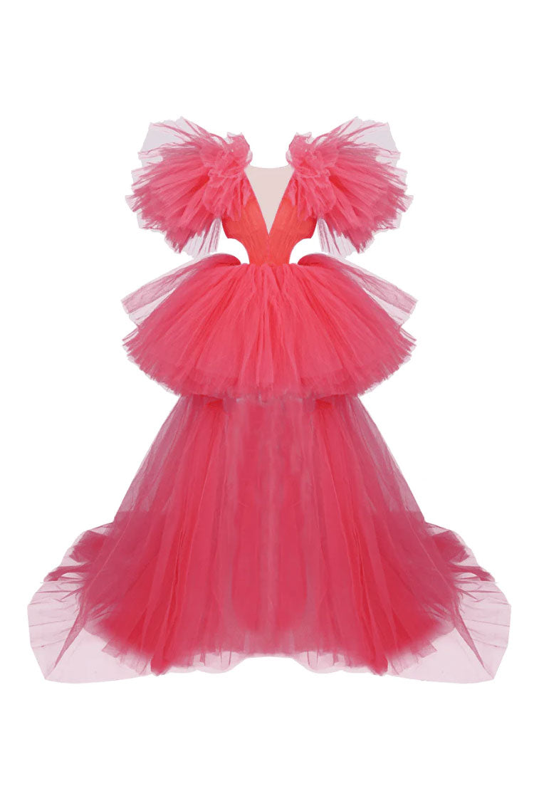 Exaggerated Ruffle Deep V Cutout High Low Tiered Tulle Dress - Hot Pink 4