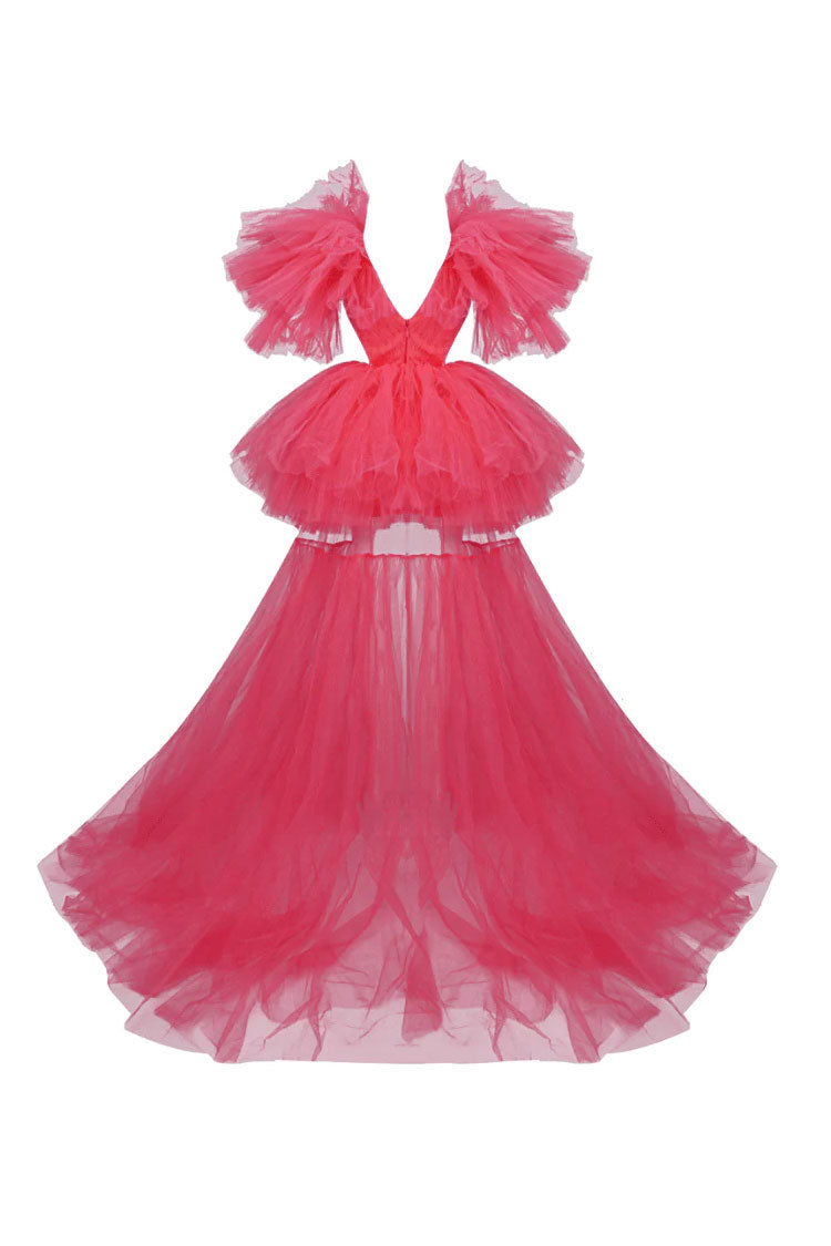 Exaggerated Ruffle Deep V Cutout High Low Tiered Tulle Dress - Hot Pink 5