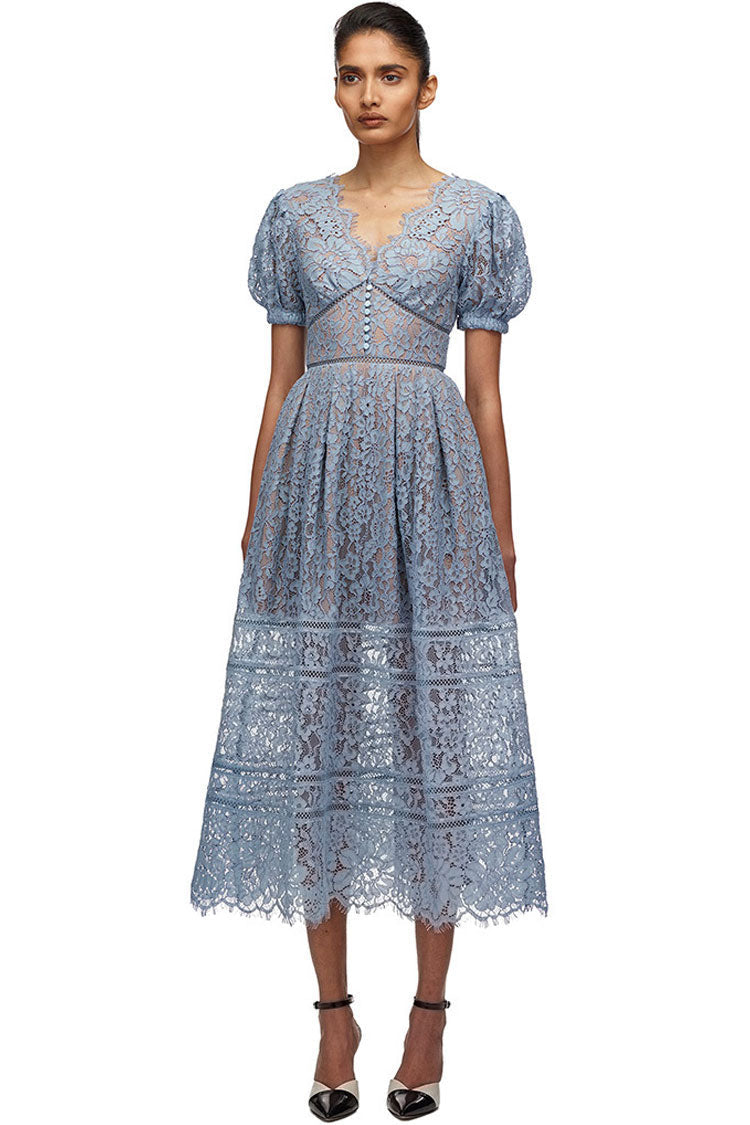Lace V-Neck Puff Sleeve Button Front Scalloped Hem A-Line Midi Dress