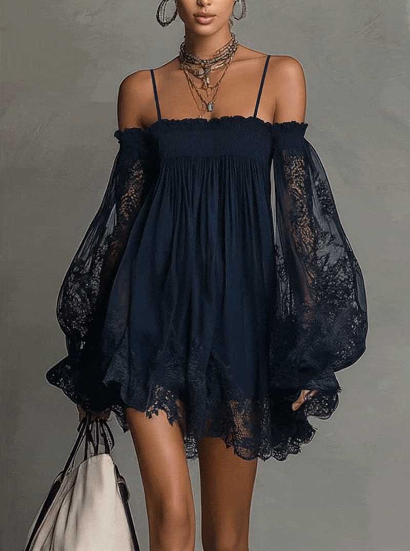 Off Shoulder Lace Bell Sleeve Smocked Mini Dress