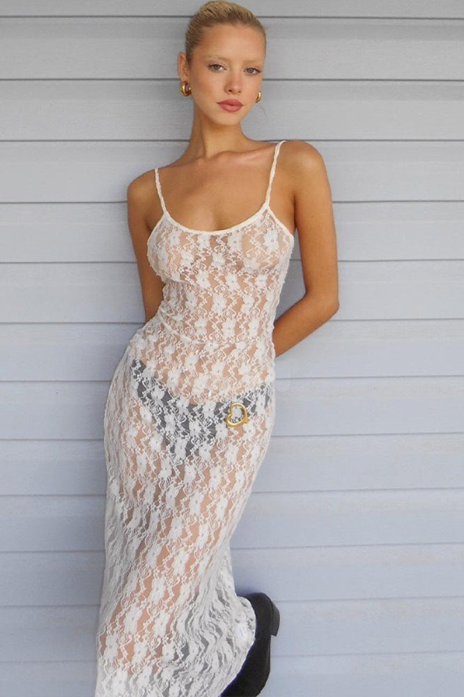 Lace Sheer Spaghetti Open Back Slim Lace Dress