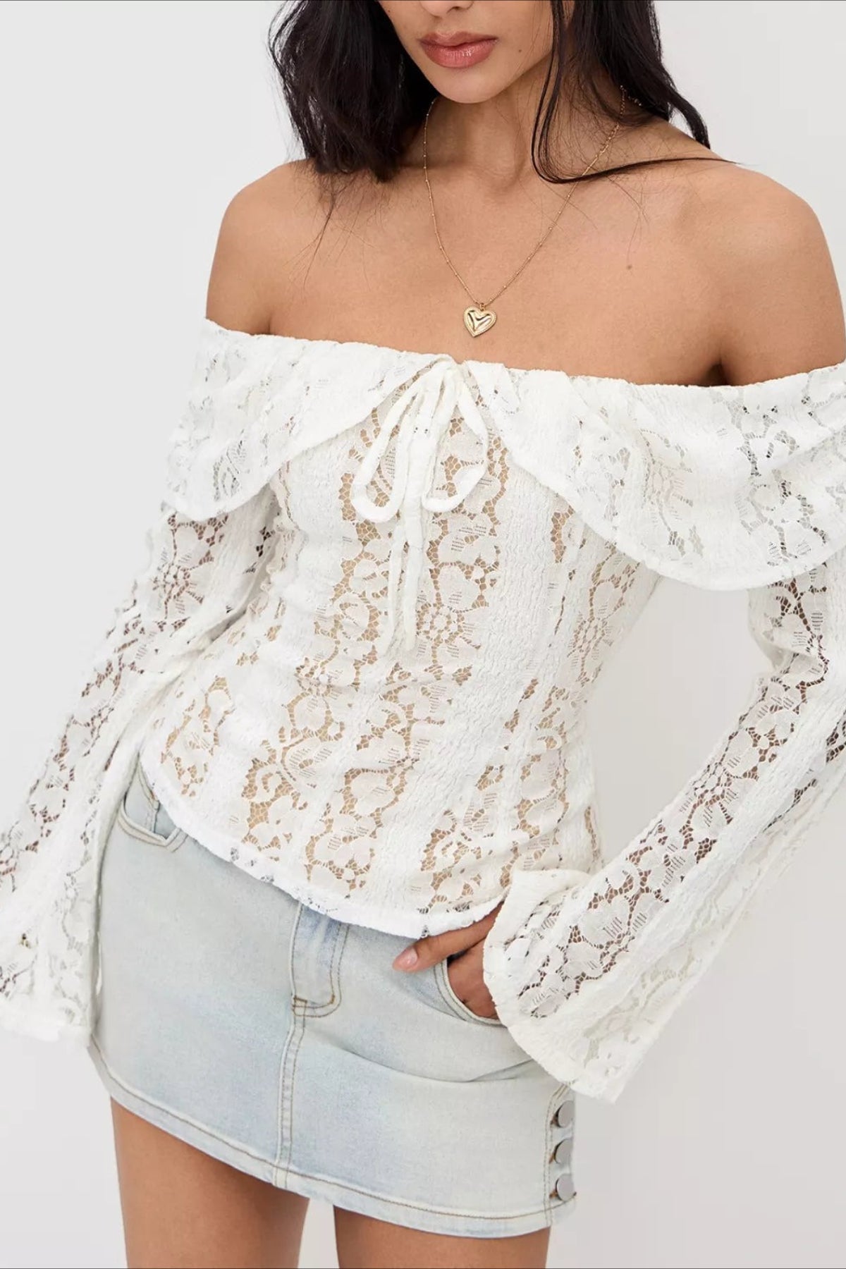 Off Shoulder Floral Lace Tie Front Bell Sleeve Top 4
