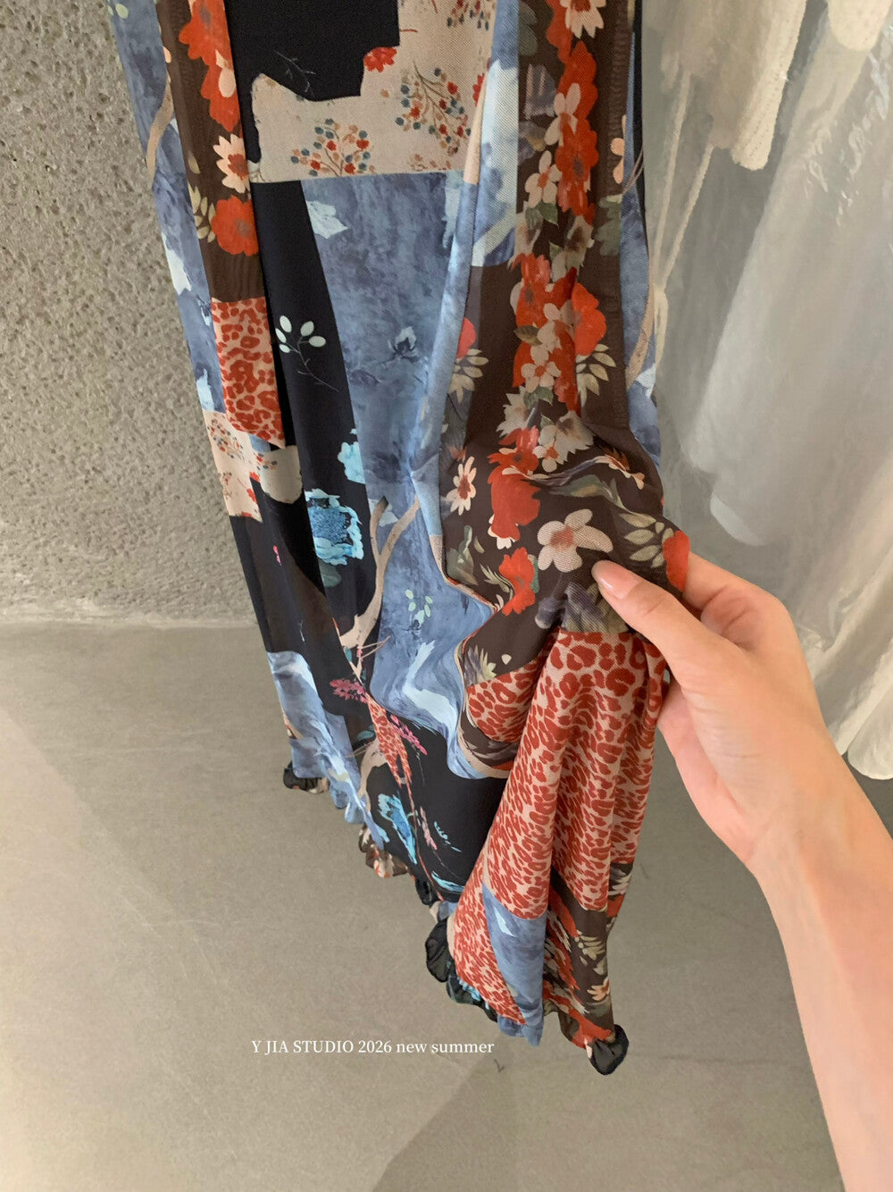 Floral Patchwork Spaghetti Strap Ruffle Maxi Dress 25