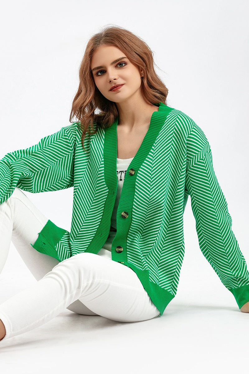 V-Neck Button Front Chevron Stripe Long Sleeve Knit Cardigan 3