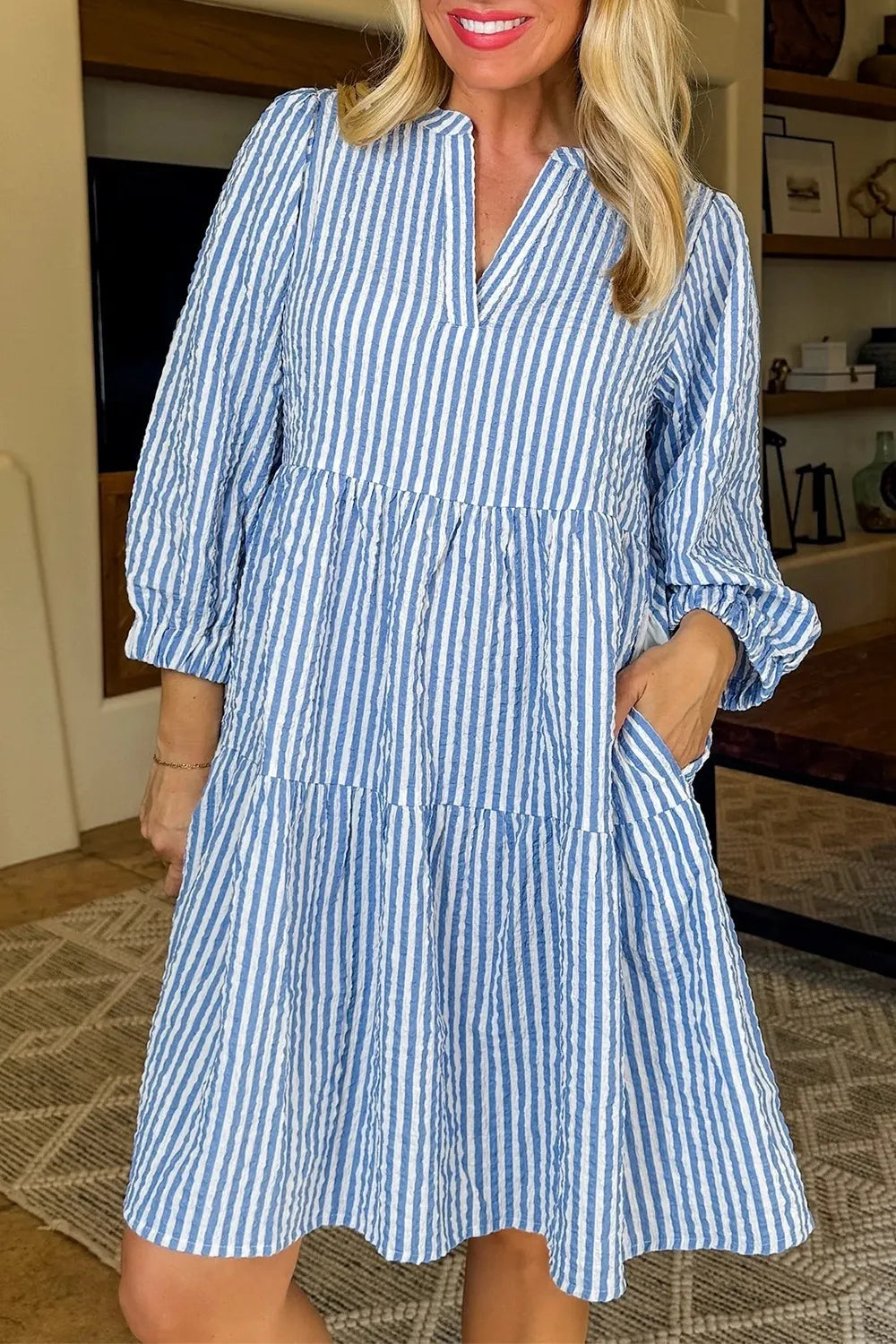 Striped Seersucker Notched Neck Balloon Sleeve Tiered Shift Dress with Pockets