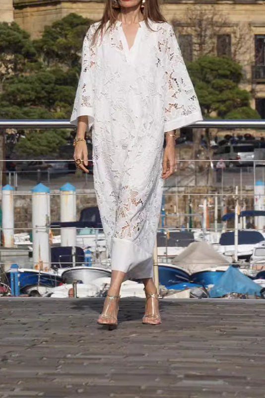 Cutwork Lace V-Neck Three Quarter Sleeve Loose Maxi Dress