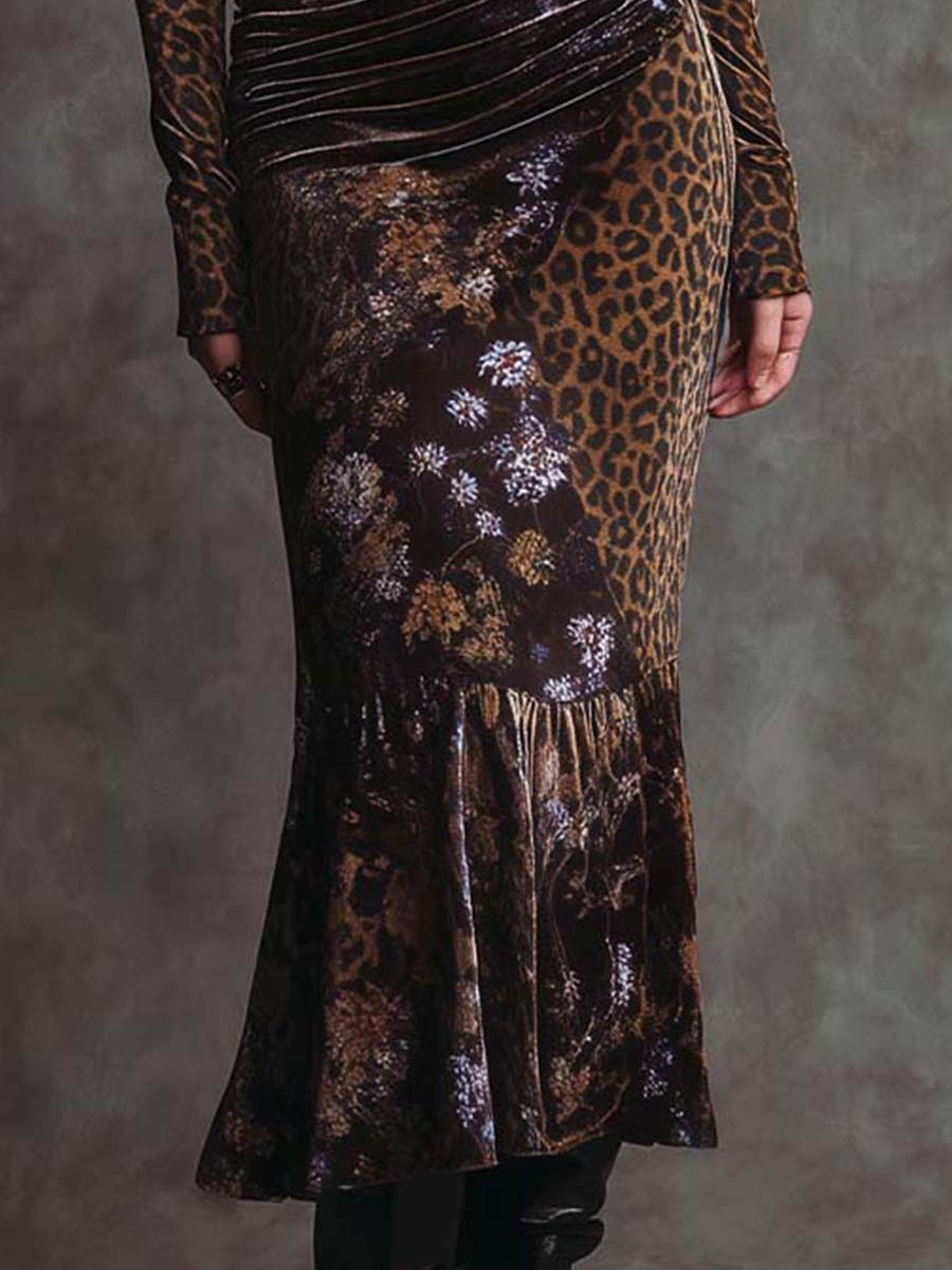 Retro Gothic Leopard Print And Floral Patchwork Velvet Maxi Dress - FashionAxe