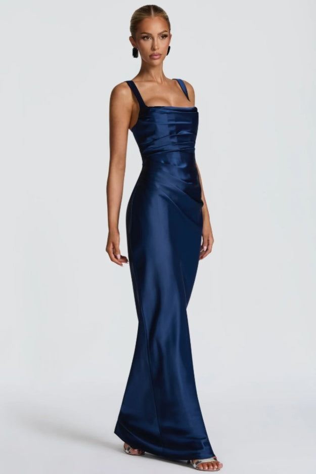 Square Neck Ruched Satin Bodycon Mermaid Dress