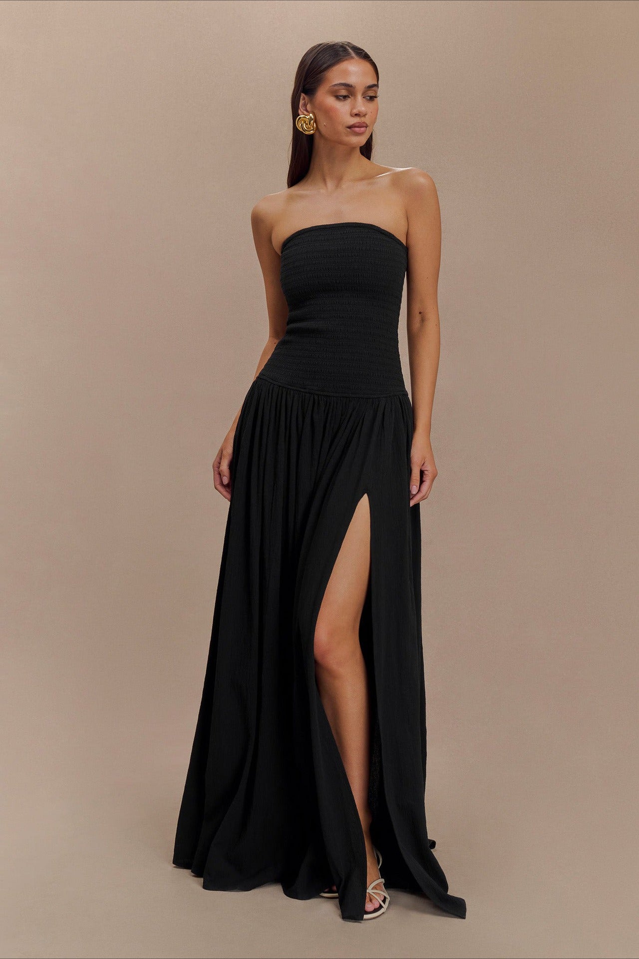 Strapless Ruched High Split Flowy Maxi Prom Dress