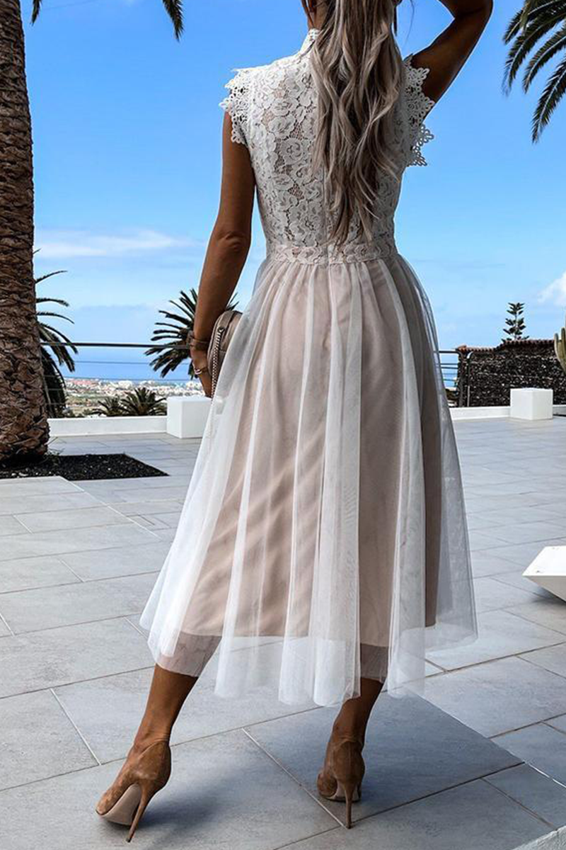 Lace Mock Neck Sleeveless Tulle Pleated A-Line Midi Dress
