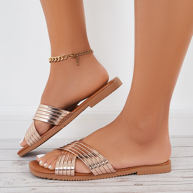 Shiny Criss Cross Flats Open Toe Slide Sandals Slip on Beach Slippers
