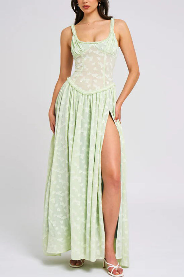 Jacquard Square Neck Sleeveless Corset Bodice High Split Maxi Dress 8