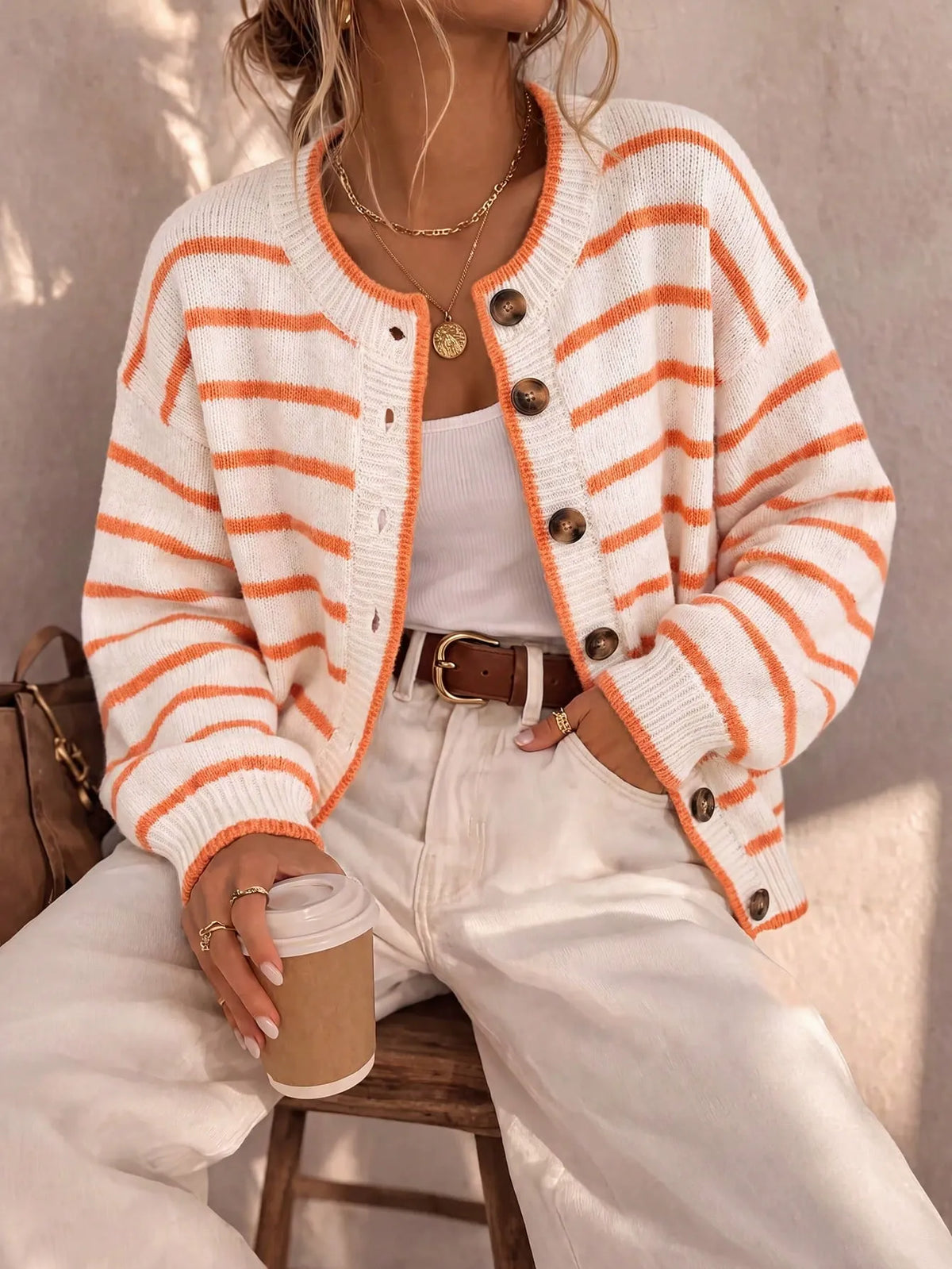Striped Round Neck Button Front Drop Shoulder Knit Cardigan 5