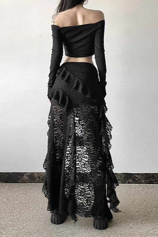 Lace Tiered Ruffle High Split Asymmetric Maxi Skirt 4
