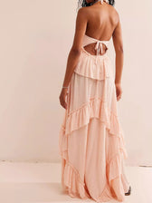 Halter Neck Deep V-Neck Ruffle Tiered Backless Maxi Dress 25
